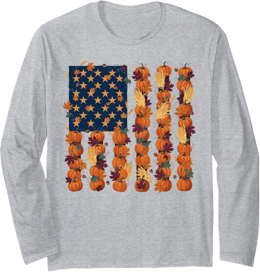 American Flag Fall Harvest Pumpkins Autumn Leaves Corn Farm Long Sleeve T-Shirt - Adult Unisex Heather Grey