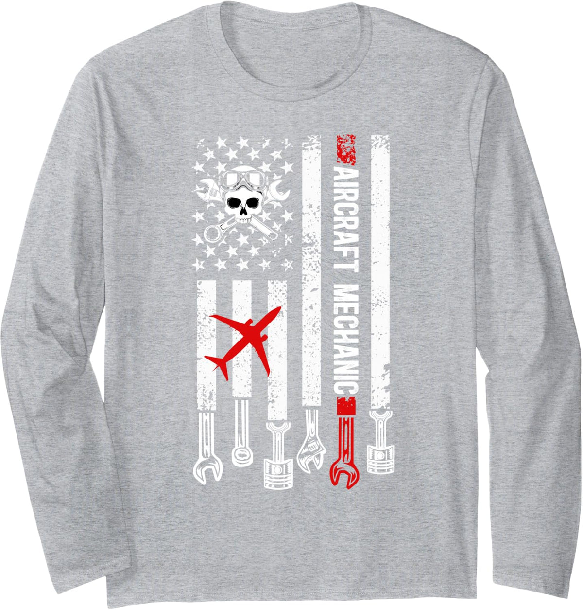 Aircraft Mechanic US Flag Aviation Mechanic Long Sleeve T-Shirt - Adult Unisex Heather Grey