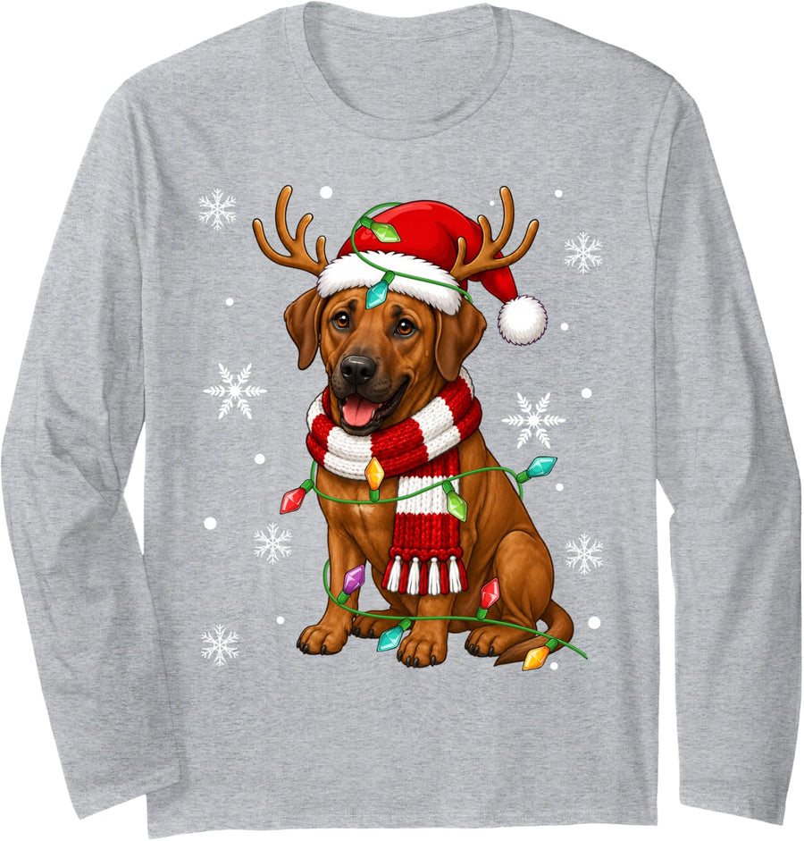 Rhodesian Ridgeback Dog Christmas Lights Santa Hat Xmas Long Sleeve T-Shirt - Adult Unisex Heather Grey