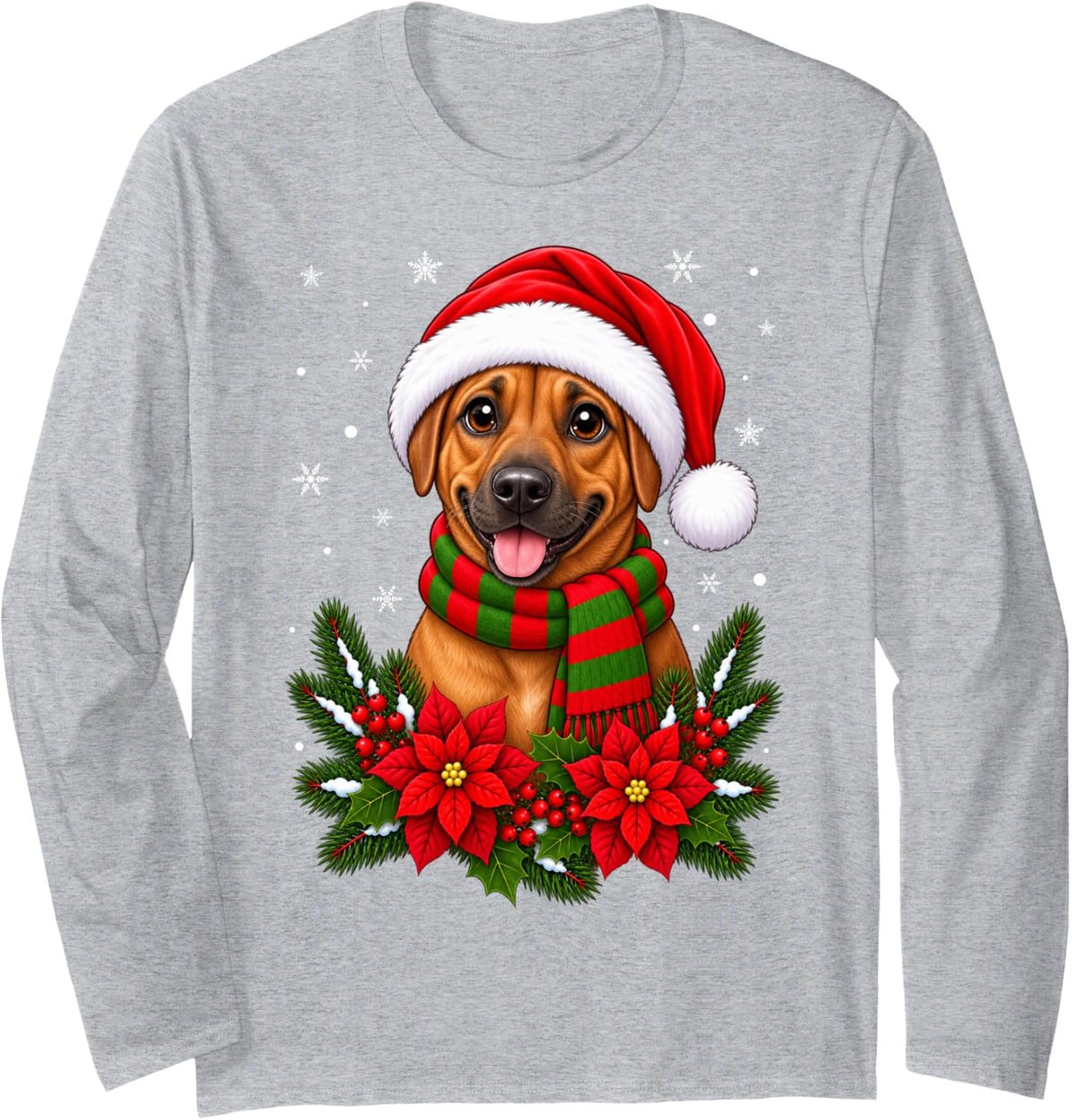 Cute Flowers Santa Hat Rhodesian Ridgeback Dog Christmas Long Sleeve T-Shirt - Adult Unisex Heather Grey