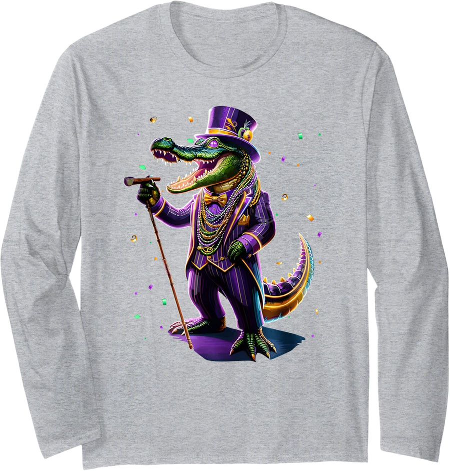 Mardigator Mardi Gras Alligator Costume Men Women Mardi Gras Long Sleeve T-Shirt - Adult Unisex Heather Grey