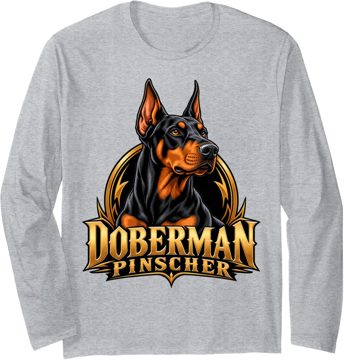 Doberman Pinscher Dog Portrait Loyal Guardian Canine Art Long Sleeve T-Shirt - Adult Unisex Heather Grey
