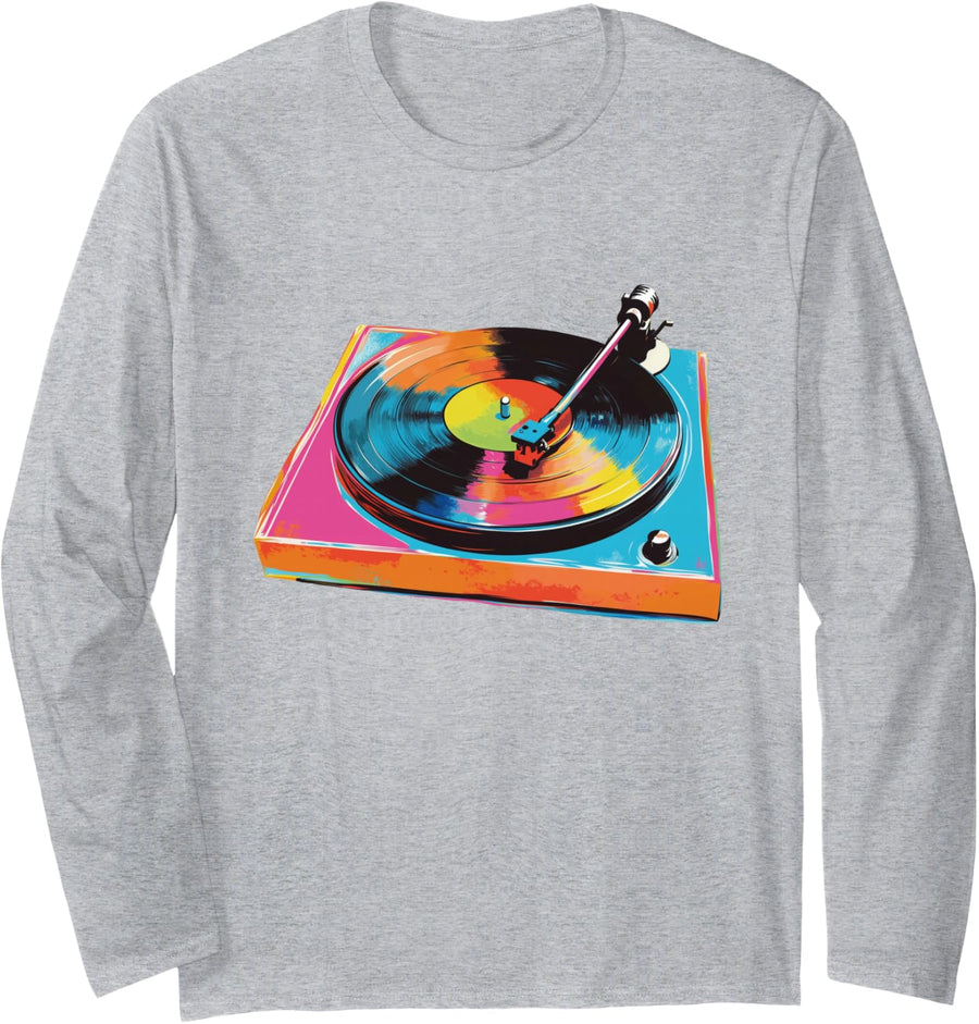 Music Lover DJ Turntable Retro Vintage Vinyl Record Player Long Sleeve T-Shirt - Adult Unisex Heather Grey
