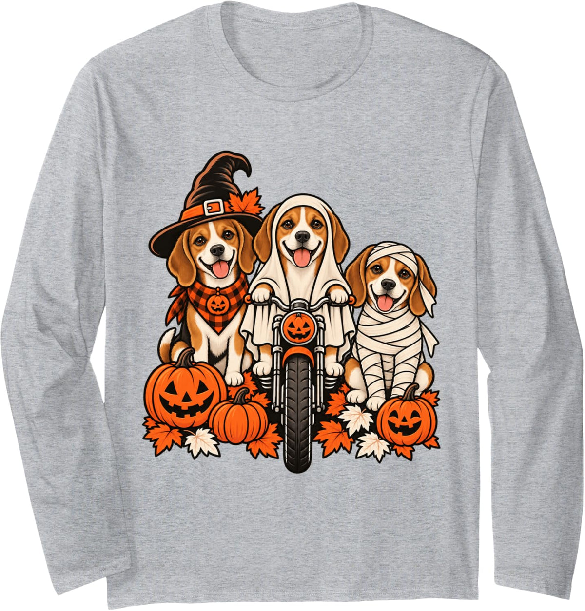 Fall Ghost Beagle Dog Motorcycle Lovers Halloween Long Sleeve T-Shirt - Adult Unisex Heather Grey
