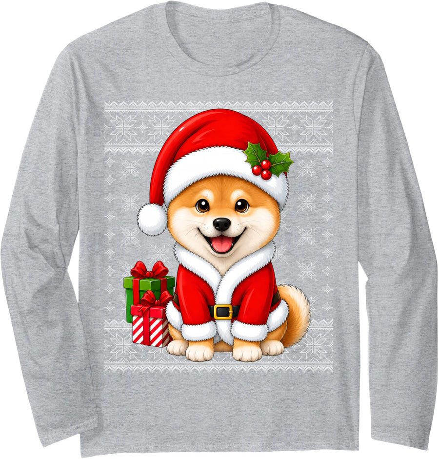 Shiba Inu Dog in Christmas Santa Costume Ugly Sweaters Xmas Long Sleeve T-Shirt - Adult Unisex Heather Grey