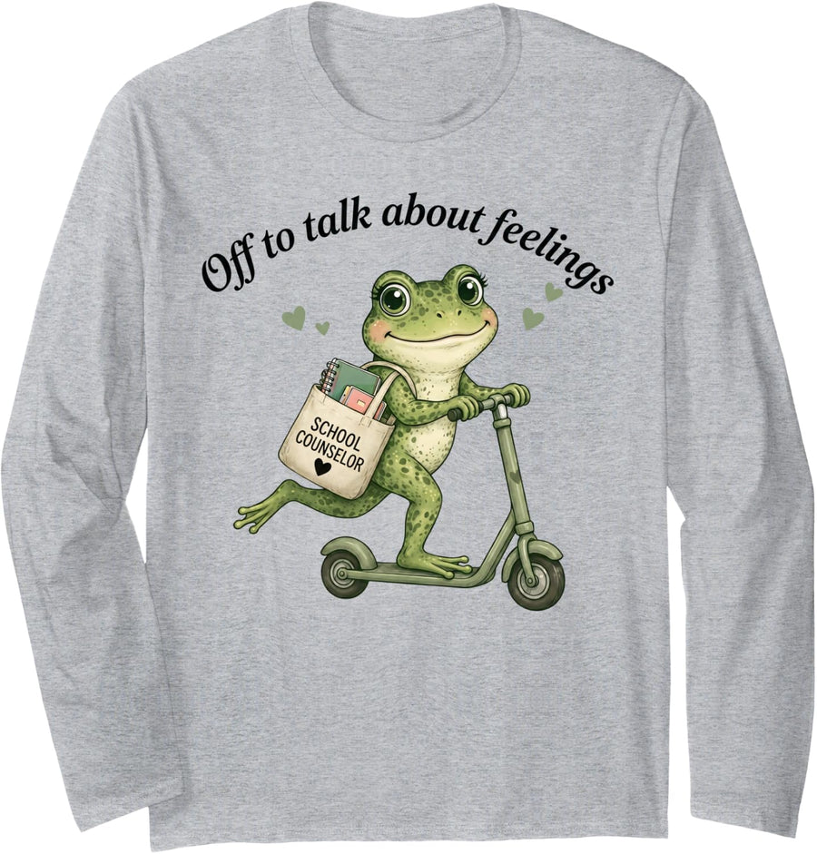 Off to Talk About Feelings School Counselor Frog Teacher Long Sleeve T-Shirt - Adult Unisex Heather Grey
