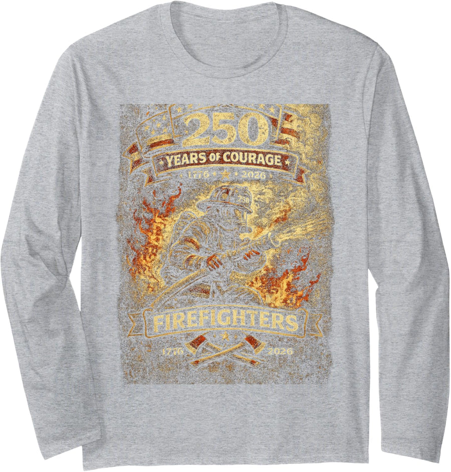 Vintage Firefighter 250 Years of Courage 1776-2026 Long Sleeve T-Shirt - Adult Unisex Heather Grey