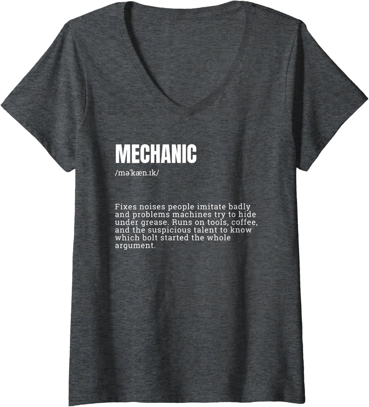 Women's Funny Mechanic Definition Automotive Repair Tech V-Neck T-Shirt - Dark Heather Grey