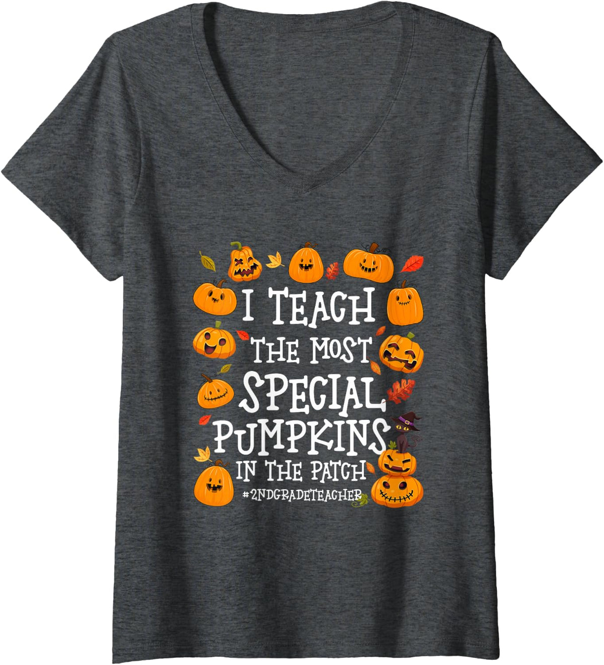 Women's 2nd Grade Teacher Teach Most Special Pumpkins in Patch Fall V-Neck T-Shirt - Dark Heather Grey