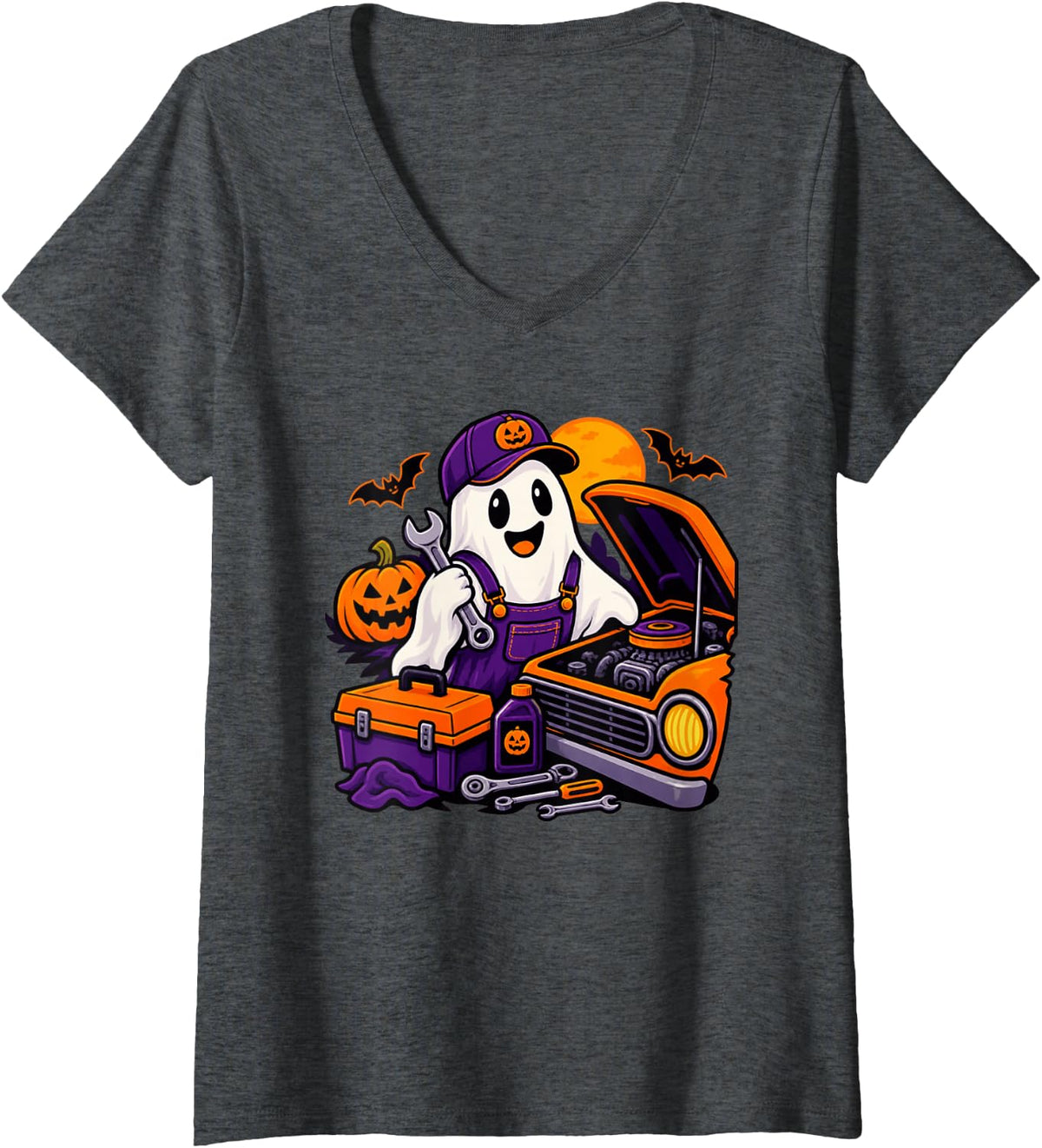 Women's Cute Ghost Mechanic Car Repair Halloween Spooky Auto Tech V-Neck T-Shirt - Dark Heather Grey
