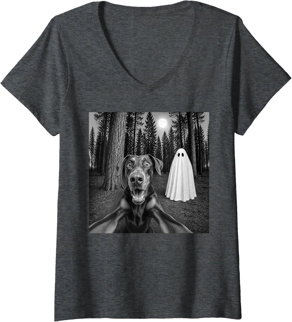 Women's Spooky Doberman Selfie with Ghost Halloween Dobie Dog V-Neck T-Shirt - Dark Heather Grey