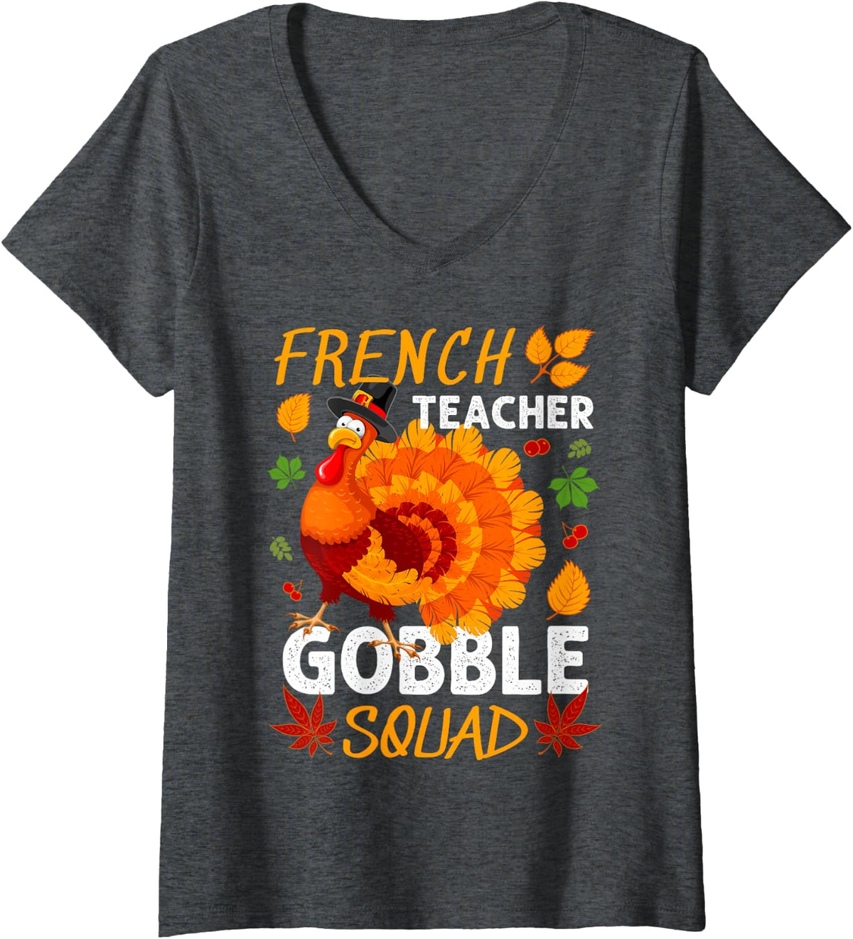 Women's French Teacher Gobble Squad Turkey Thanksgiving Fall V-Neck T-Shirt - Dark Heather Grey