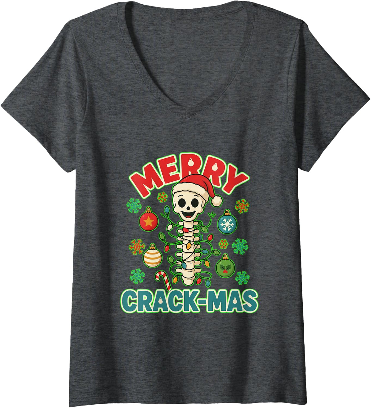 Women's Merry Crack-Mas Funny Chiropractor Christmas Spine V-Neck T-Shirt - Dark Heather Grey