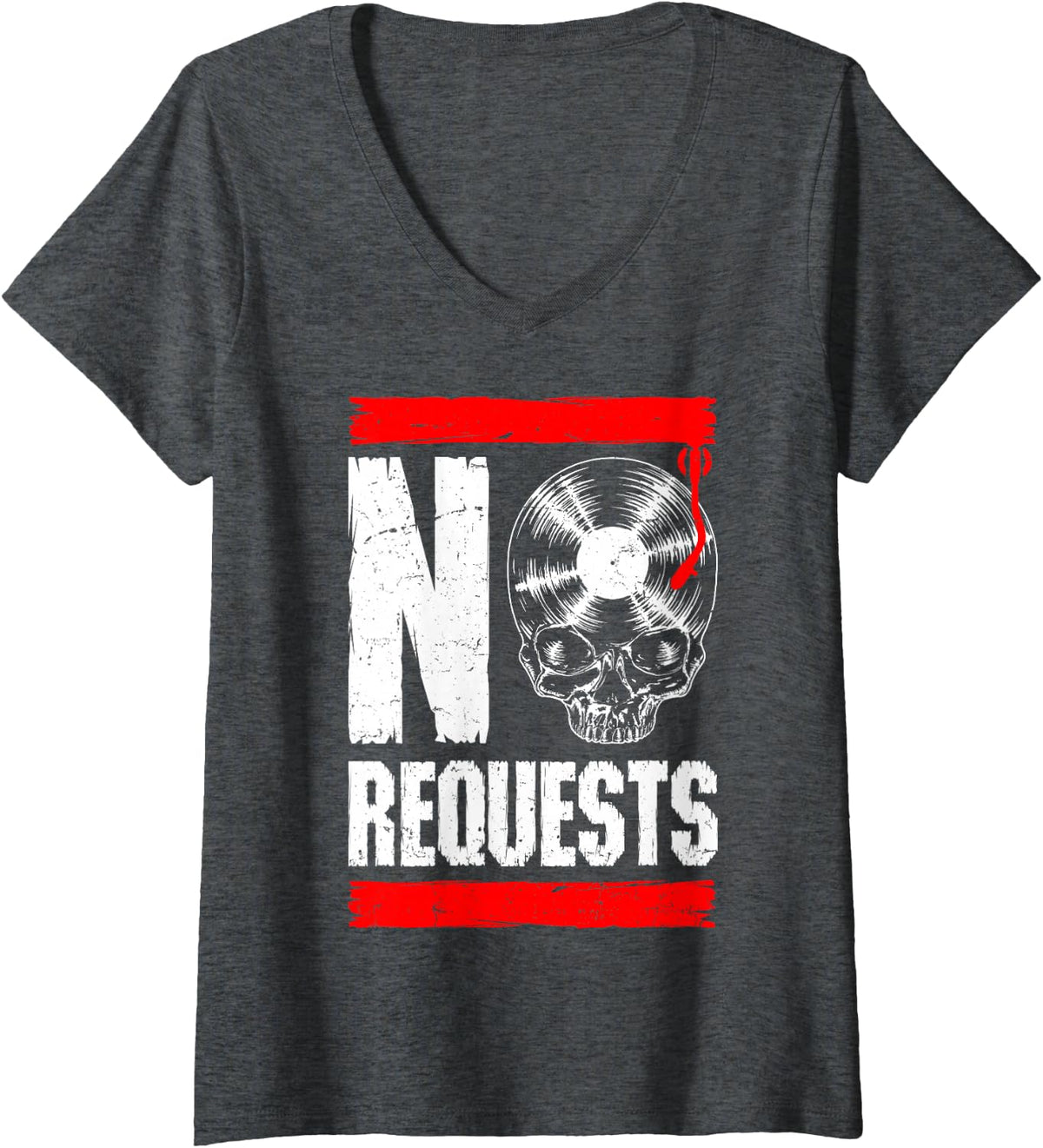Women's No Requests DJ Turntable Vinyl Record Gothic Skull V-Neck T-Shirt - Dark Heather Grey