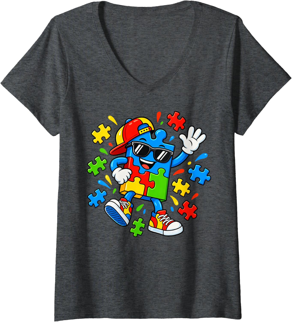 Women's Puzzle Piece Mascot Autism Awareness V-Neck T-Shirt - Dark Heather Grey