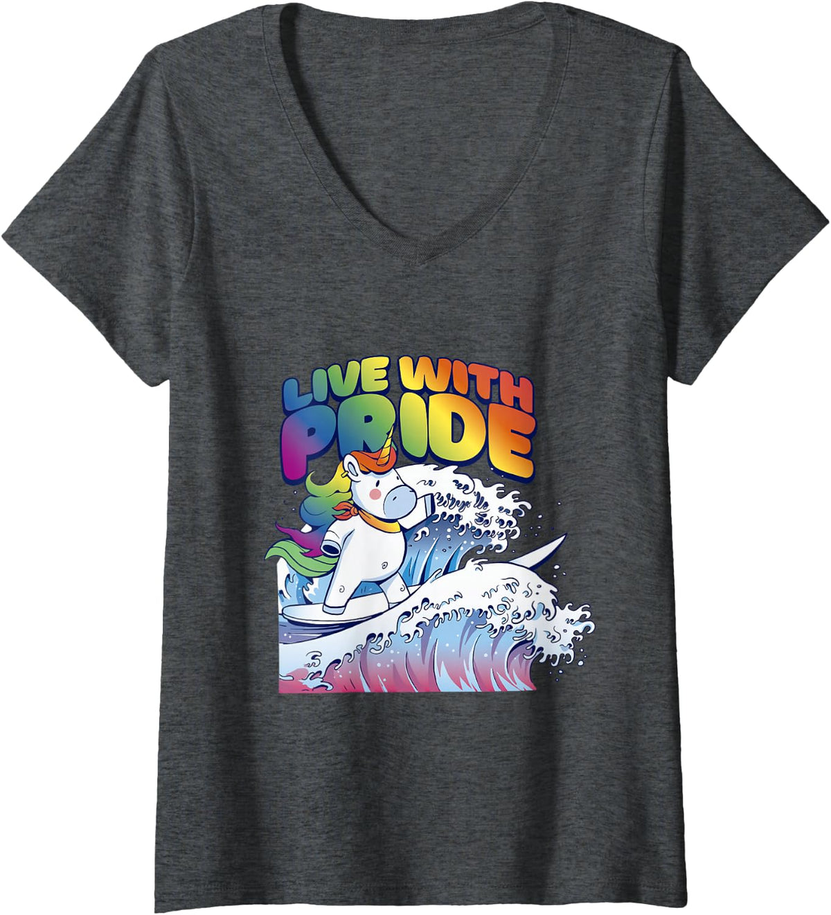 Women's Live with Pride Colorful Unicorn Joyful Self Expression V-Neck T-Shirt - Dark Heather Grey