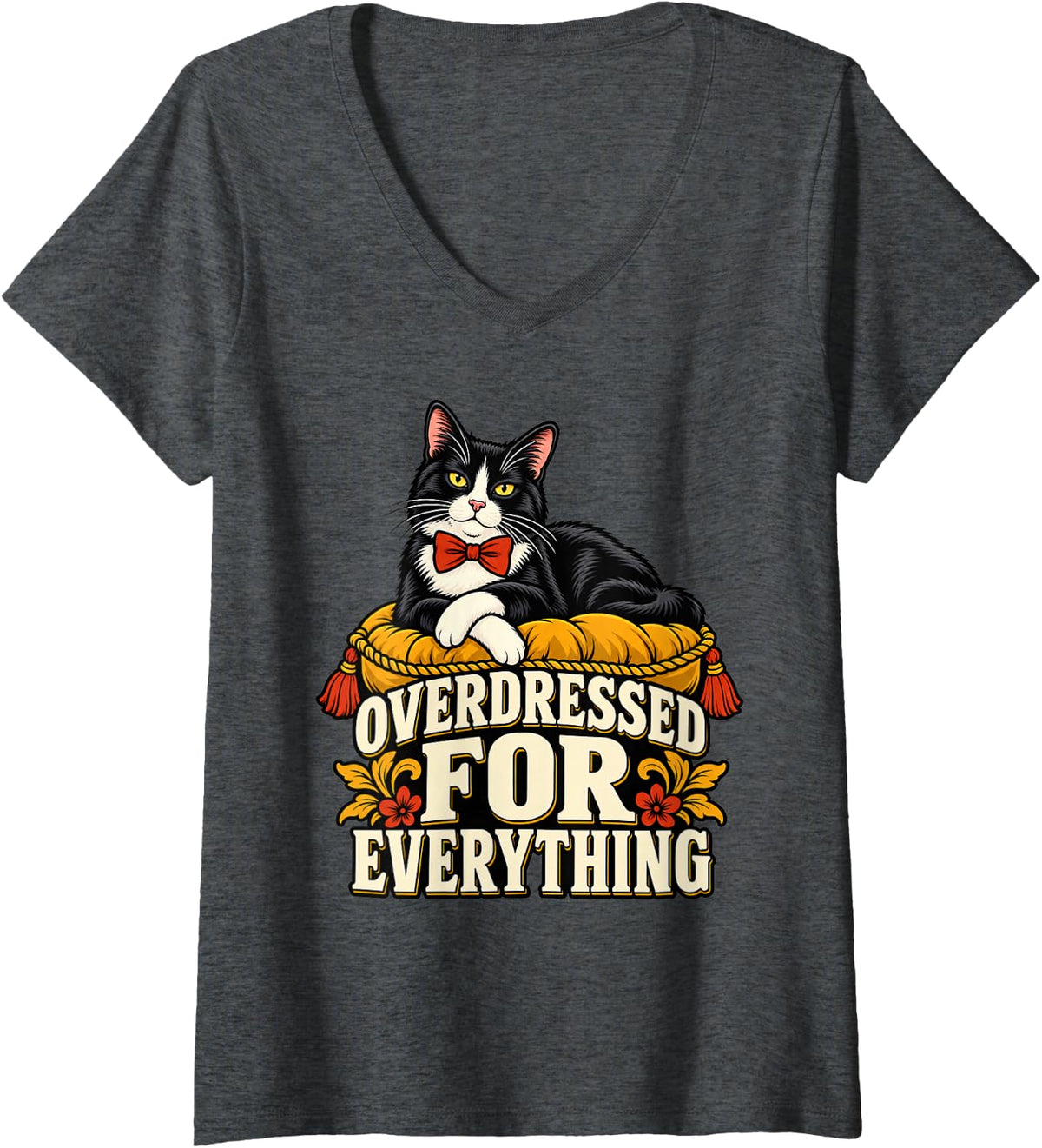 Women's Tuxedo Cat Overdressed for Everything Funny Kitty Mom Kitten V-Neck T-Shirt - Dark Heather Grey