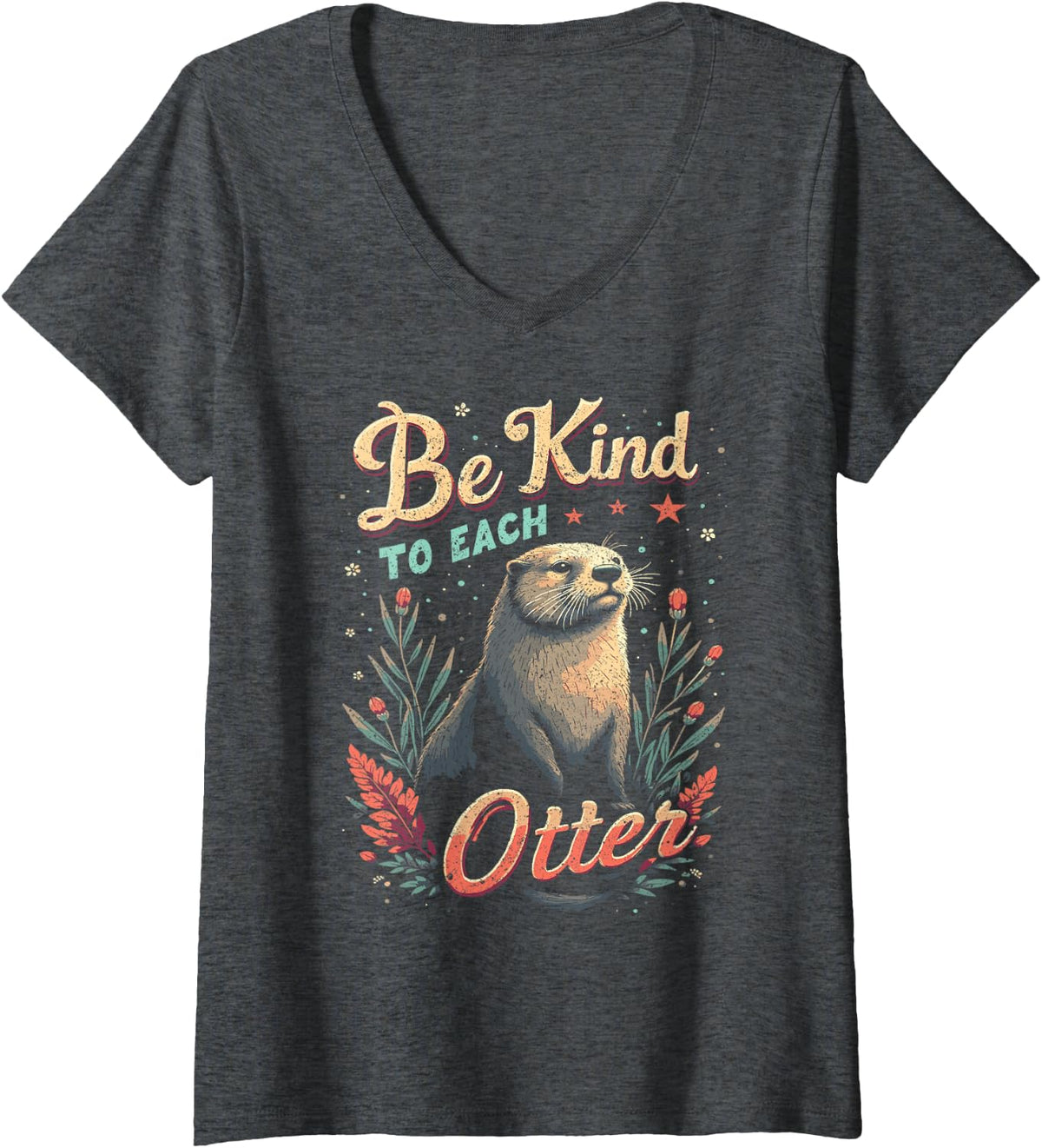 Women's Otter Be Kind to Each Otter V-Neck T-Shirt - Dark Heather Grey