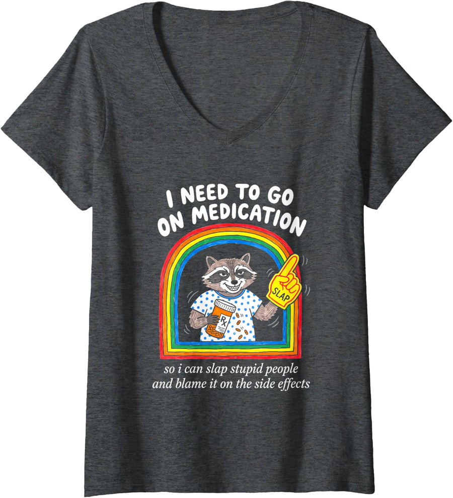 Women's Raccoon Medication Humor Mental Health Advocate V-Neck T-Shirt - Dark Heather Grey