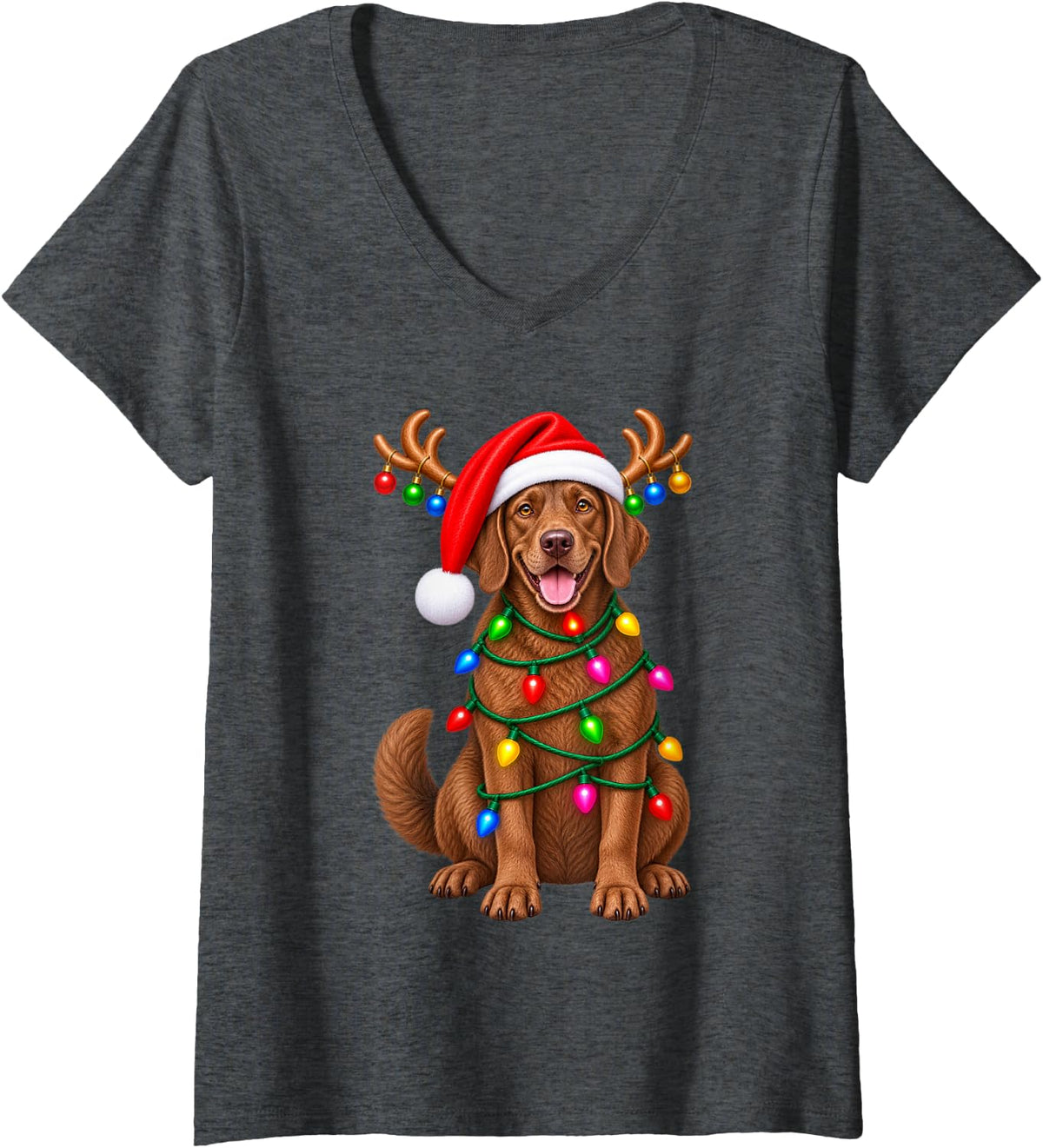 Women's Rhodesian Ridgeback Christmas Dog Reindeer Lights Pajama V-Neck T-Shirt - Dark Heather Grey