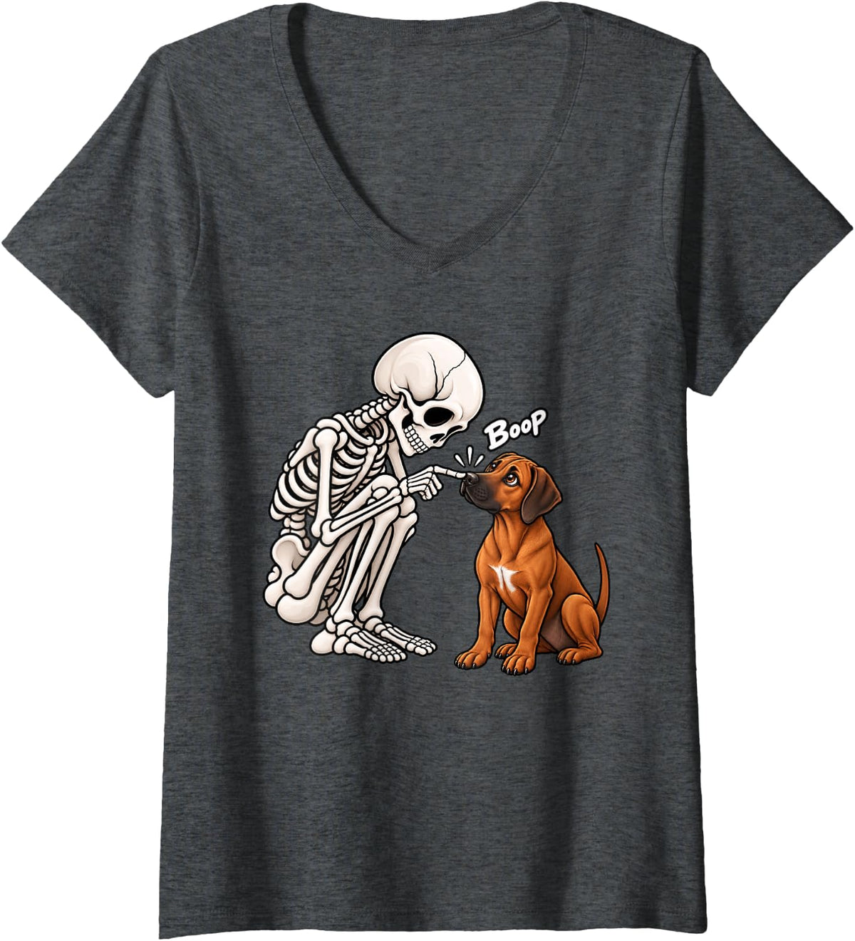 Women's Funny Skeleton Rhodesian Ridgeback Boop Halloween Dog Lover V-Neck T-Shirt - Dark Heather Grey