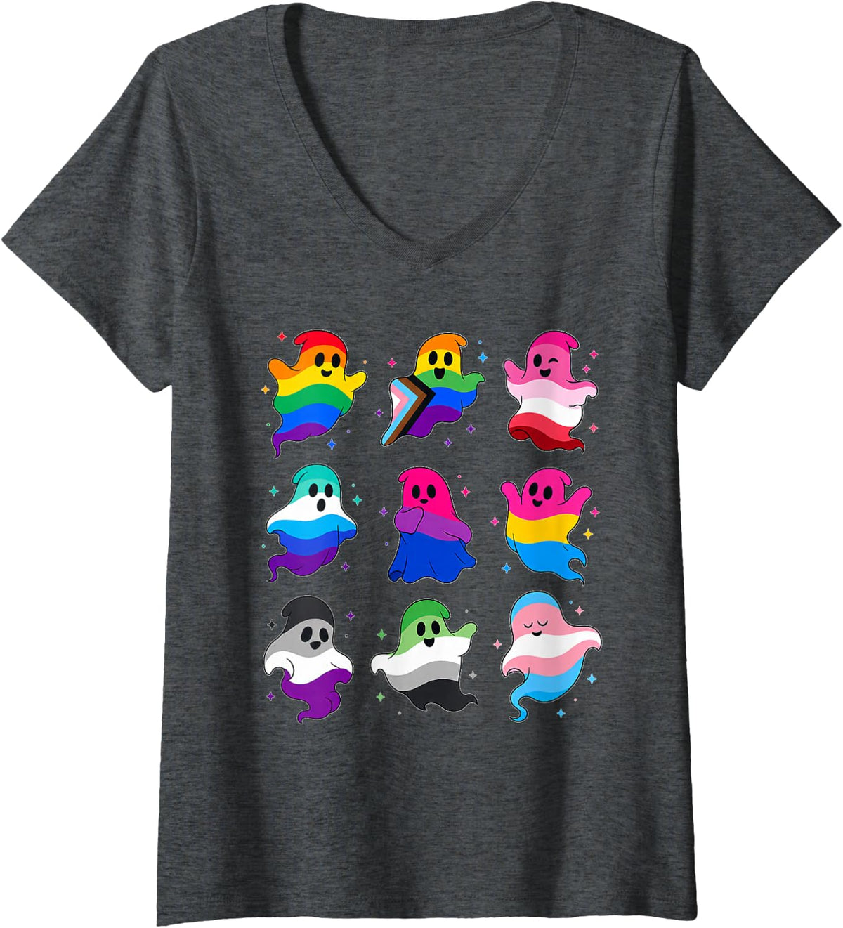 Women's LGBTQ Ghosts Gay Pride Queer Ally Support Cute Halloween V-Neck T-Shirt - Dark Heather Grey