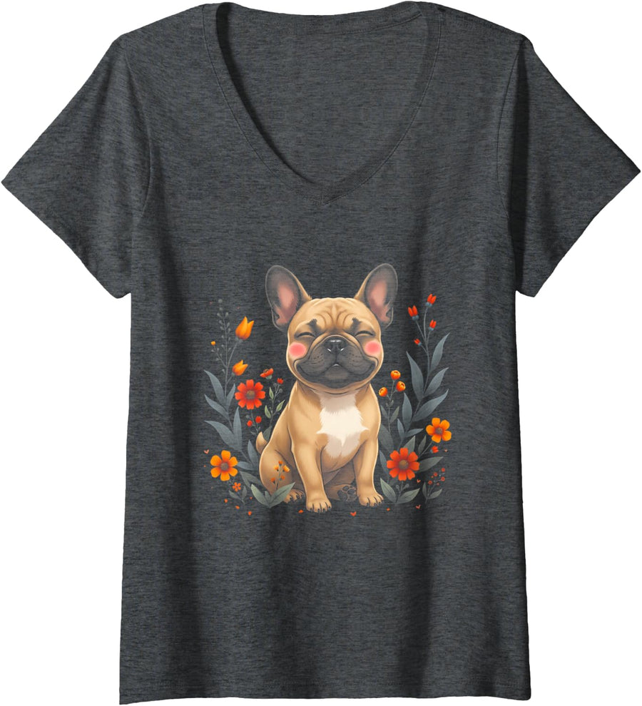 Women's French Bulldog Puppy Floral Garden Cute Dog Lover V-Neck T-Shirt - Dark Heather Grey
