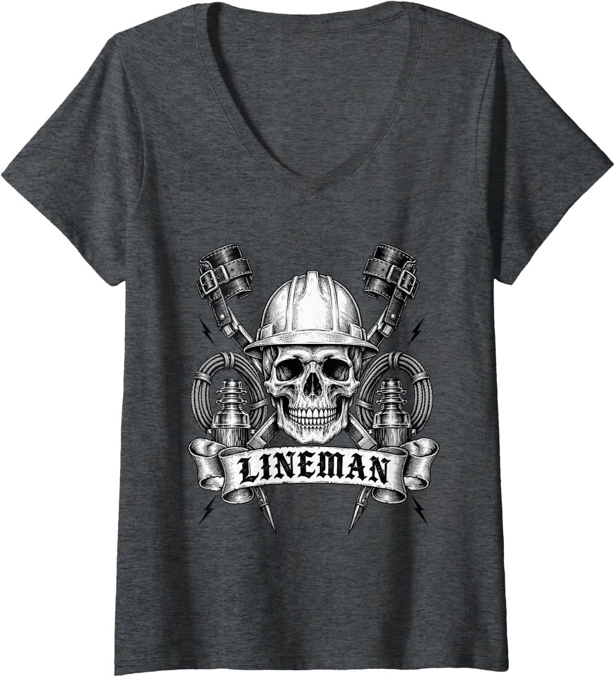 Women's Lineman Skull with Hard Hat and Tools V-Neck T-Shirt - Dark Heather Grey