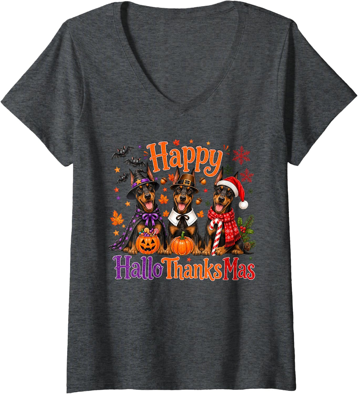 Women's Doberman Pinscher Happy Hallothanksmas Halloween V-Neck T-Shirt - Dark Heather Grey