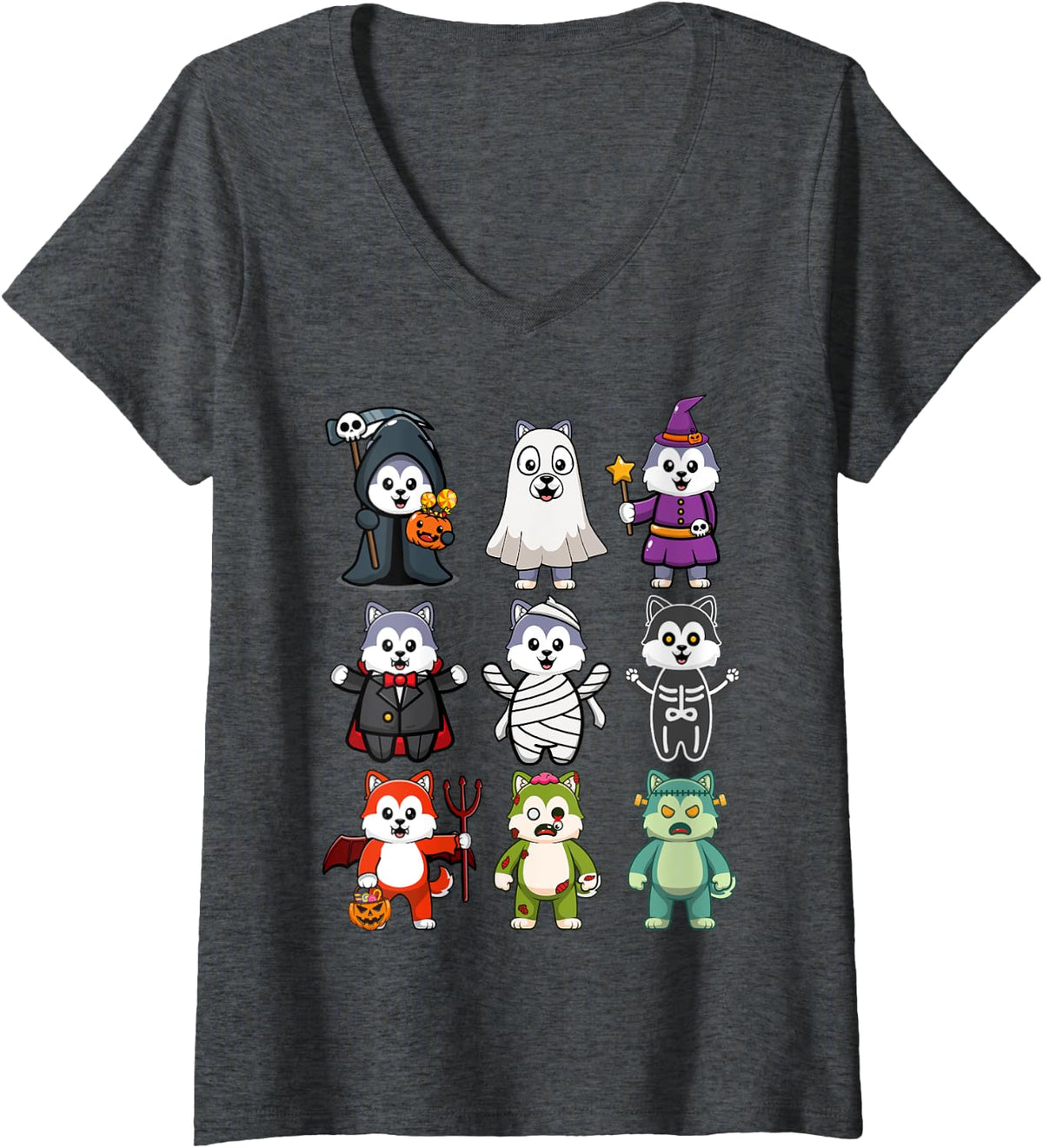 Womens Husky Dog Spooky Boo-Jee Horror Pumpkin Husky Halloween V-Neck T-Shirt - Dark Heather Grey