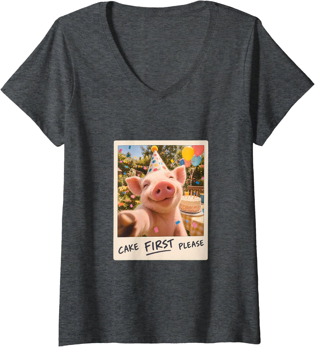 Women's Cake First Please Funny Birthday Pig Lover V-Neck T-Shirt - Dark Heather Grey