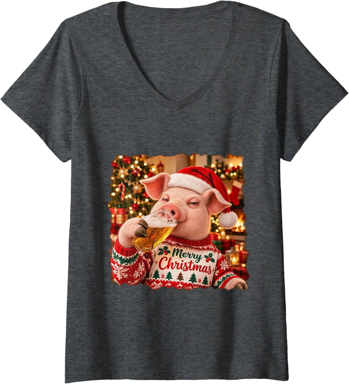 Women's Merry Christmas Pig Lovers Funny Holiday Party V-Neck T-Shirt - Dark Heather Grey
