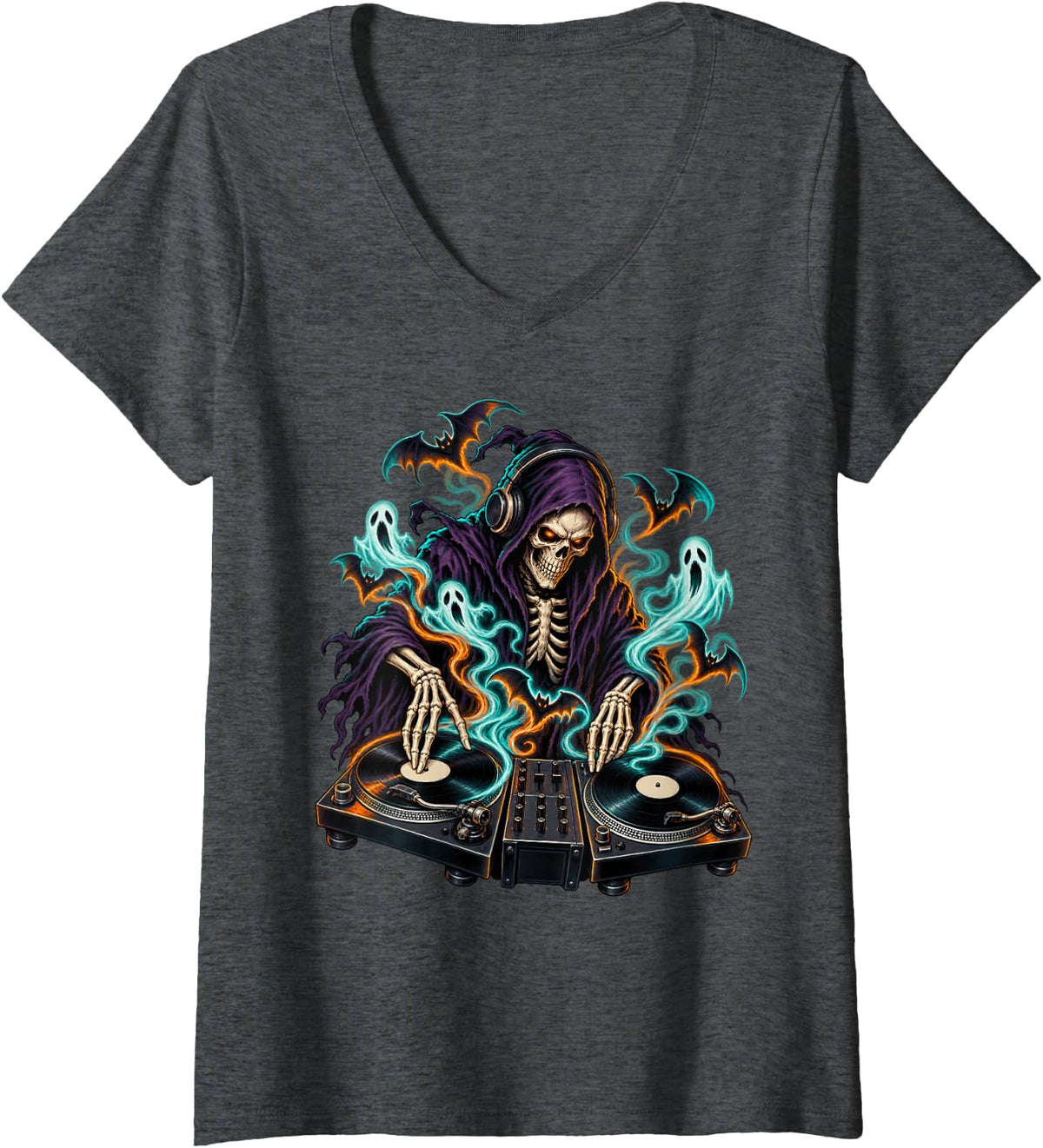 Women's Grim Reaper DJ Turntable Halloween Spooky Horror V-Neck T-Shirt - Dark Heather Grey