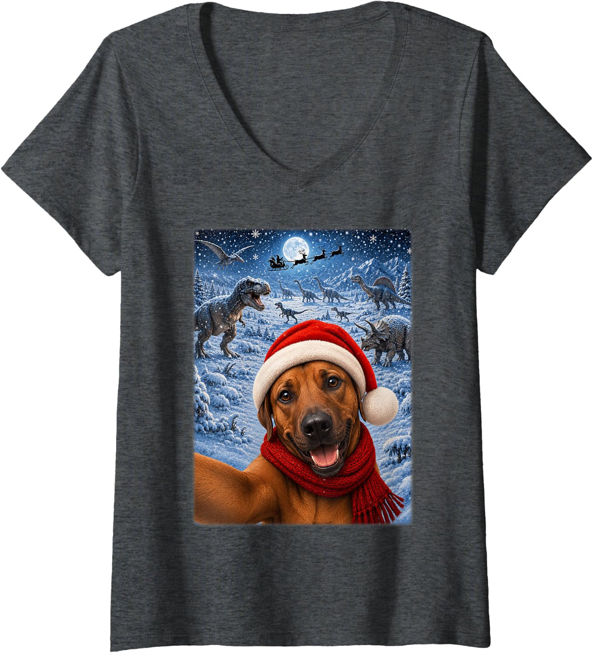 Women's Rhodesian Ridgeback Dog Christmas Moon Night Dinosaurs Xmas V-Neck T-Shirt - Dark Heather Grey