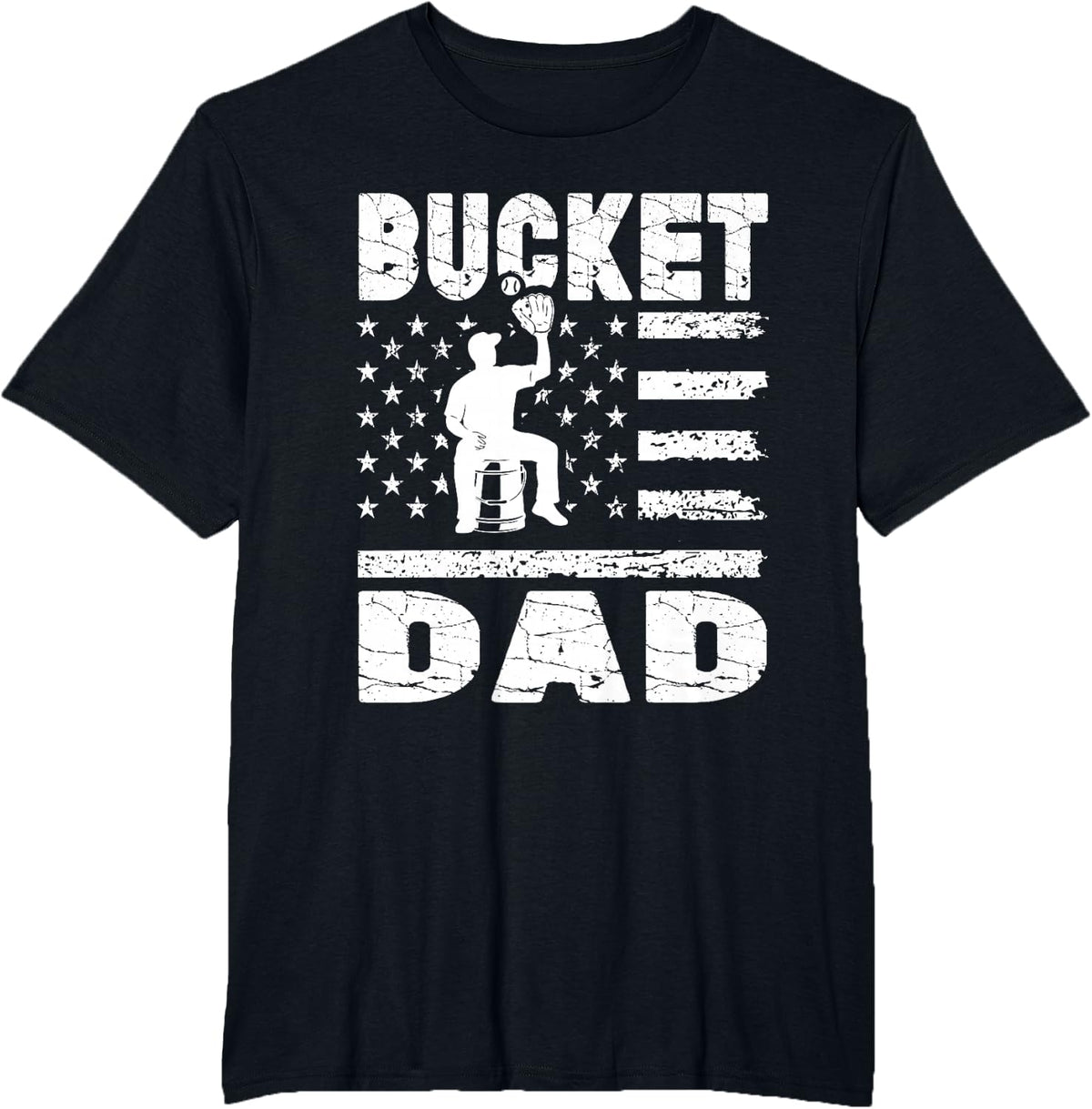 Baseball Coach Bucket Dad Shirt Vintage American Flag Fathers Day Tee T-Shirt - Black