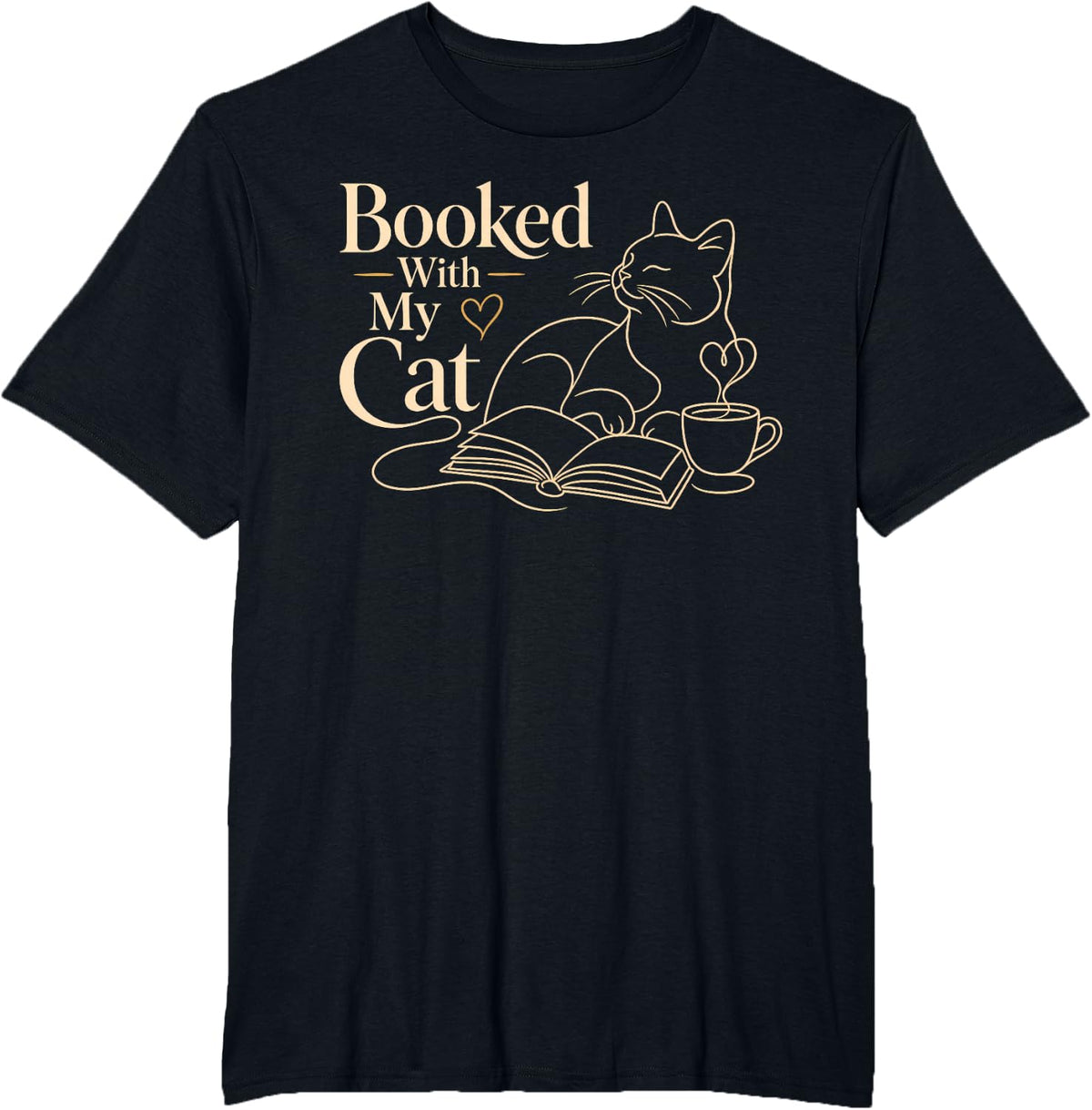 Booked with My Cat Book Lover Reading T-Shirt - Black