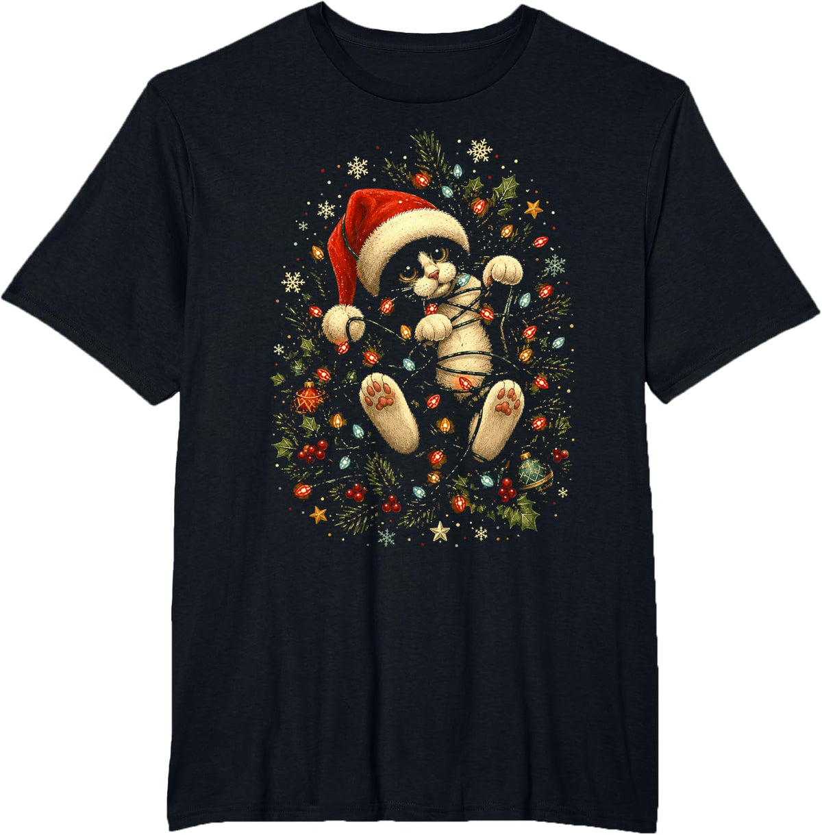 Cute Christmas Cat - Tuxedo Cat Santa Hat T-Shirt - Black