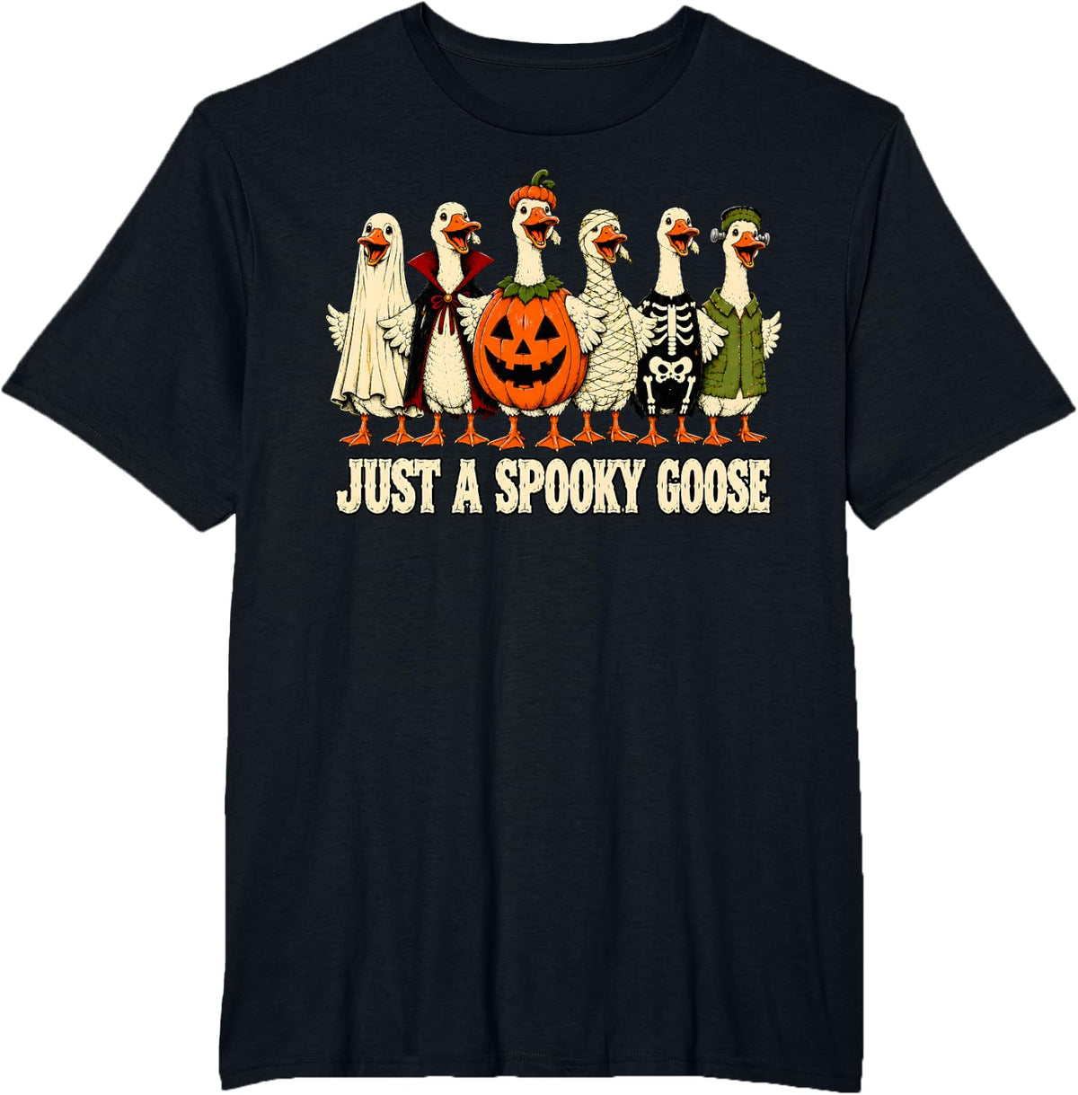 Just A Spooky Goose Pumpkin Ghost Halloween Bird T-Shirt - Black