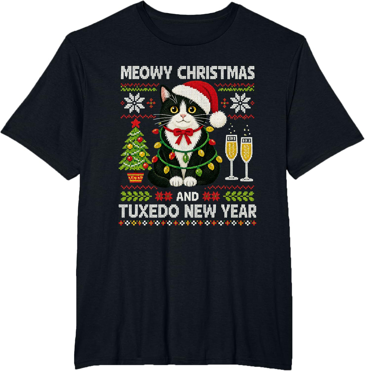 Funny Tuxedo Cat Christmas and New Year Holiday Humor T-Shirt - Black