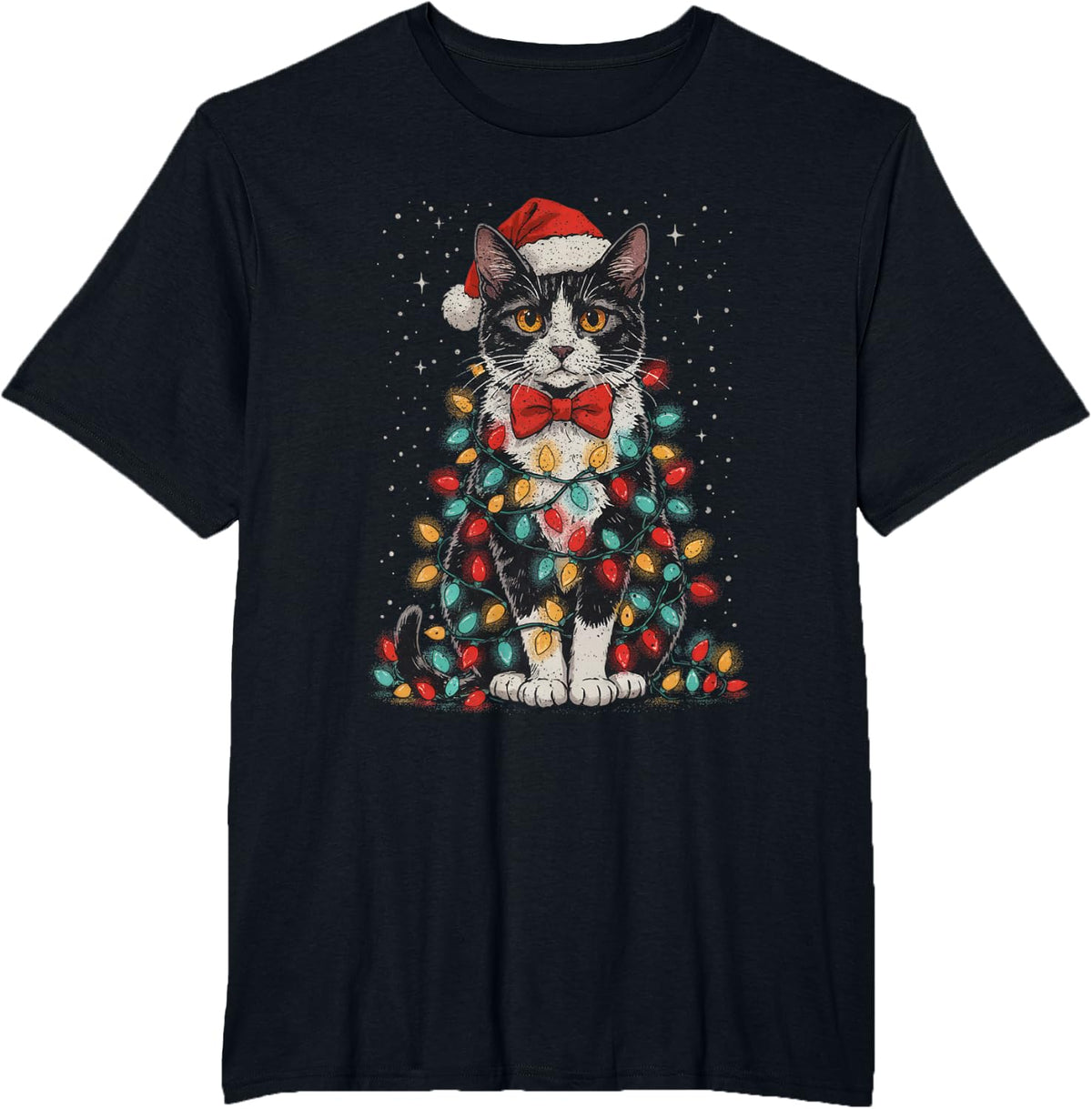 Tuxedo Kitten Santa Cat and Christmas Lights T-Shirt - Black