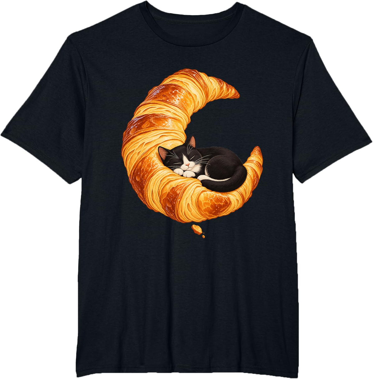 Sleeping Cat Golden Croissant Art T-Shirt - Black