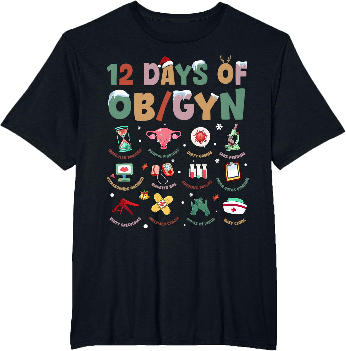 12 Days of OBGYN Xmas Obstetrics Speculum Nursing Christmas T-Shirt - Black