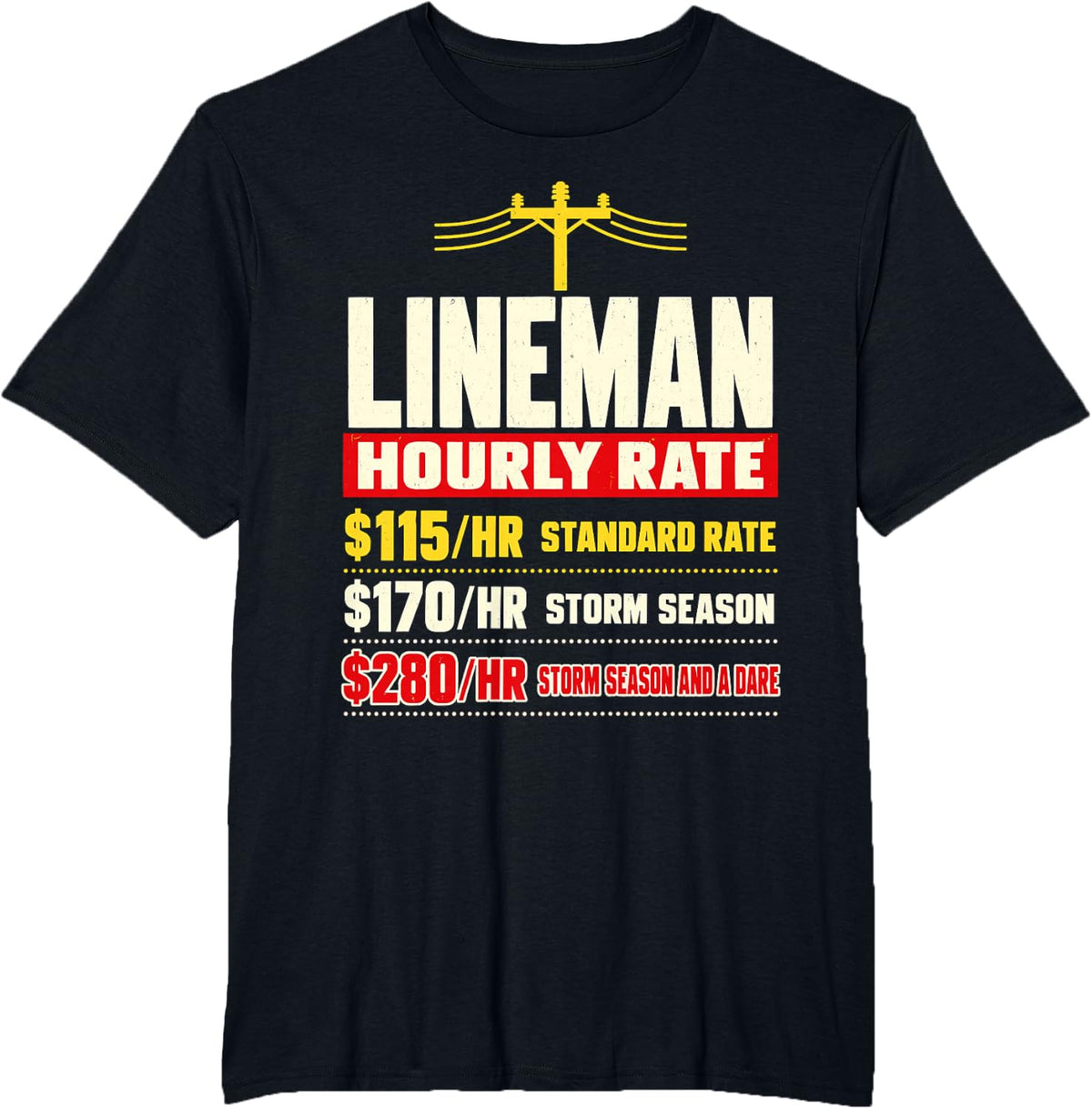 Funny Lineman Hourly Rate Storm Season Power Pole T-Shirt - Black