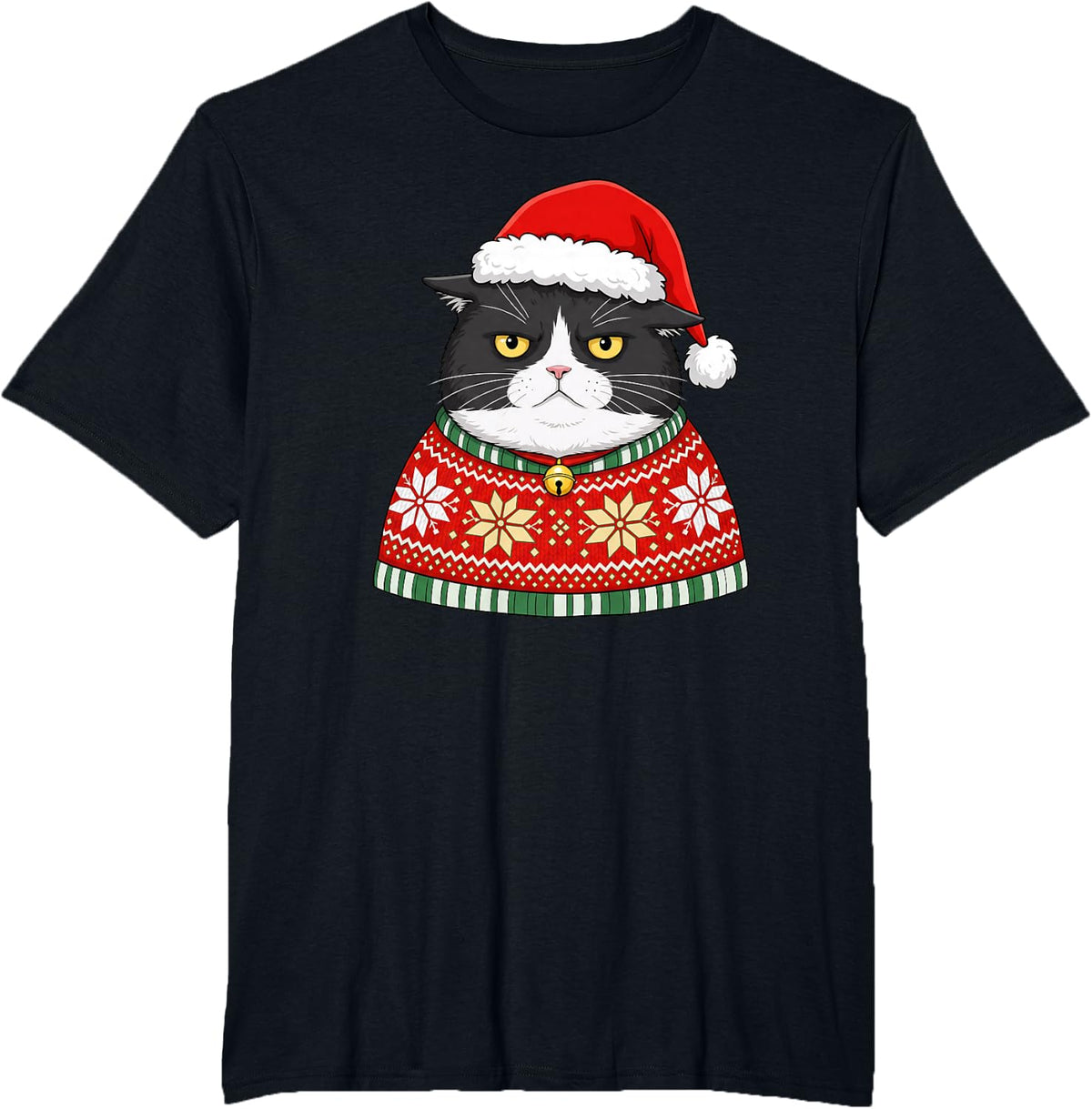Tuxedo Cat Meow Santa Hat Christmas Tree Lights Cat Catmas T-Shirt - Black