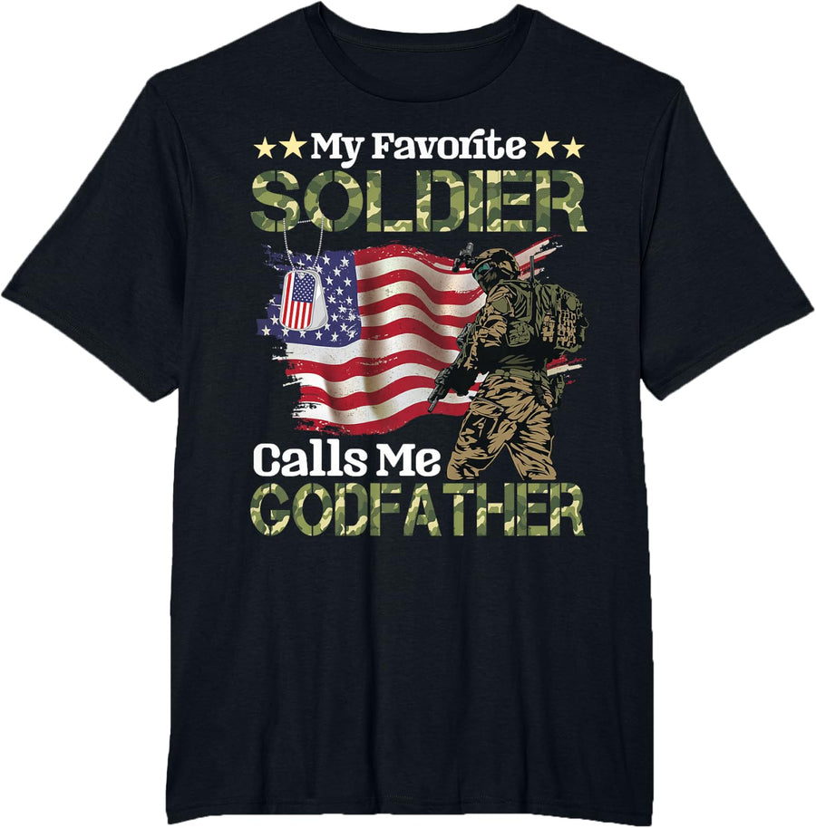 My Favorite Soldier Calls Me Godfather American Flag Son T-Shirt - Black