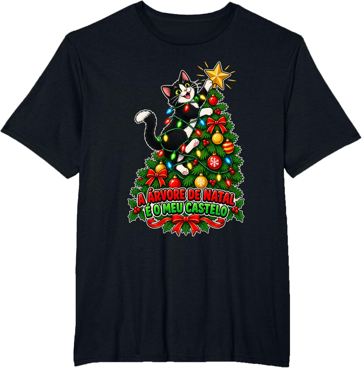 Portuguese Saying Christmas Cat Climbing Tree T-Shirt - Black
