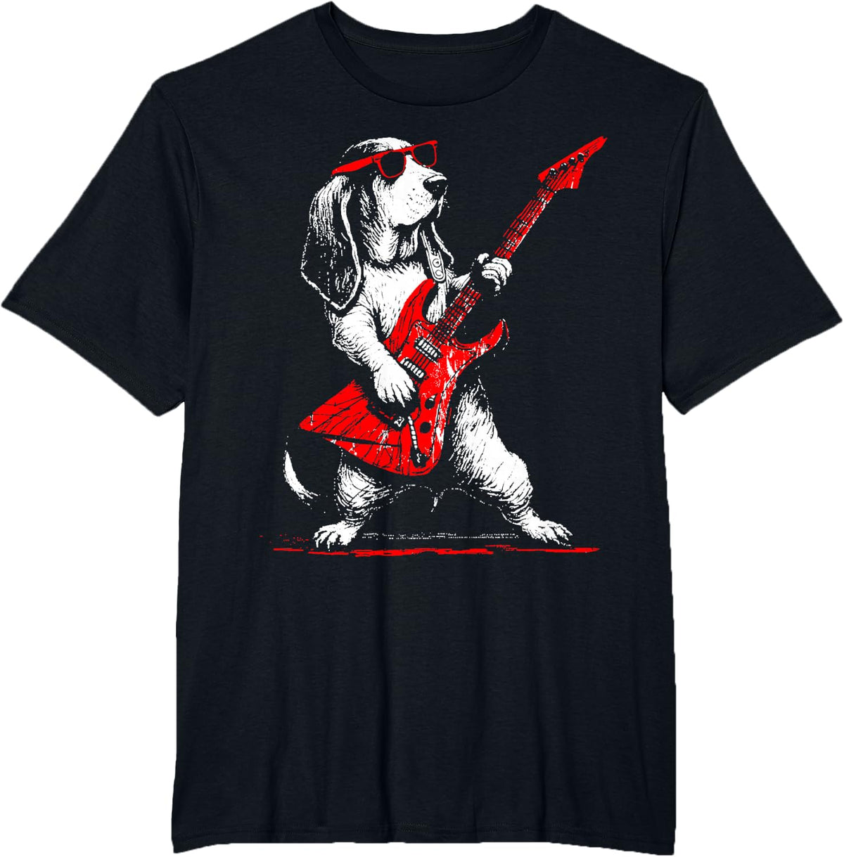 Basset Hound Rockstar Graphic Dog Playing Guitar Music Lover T-Shirt - Black