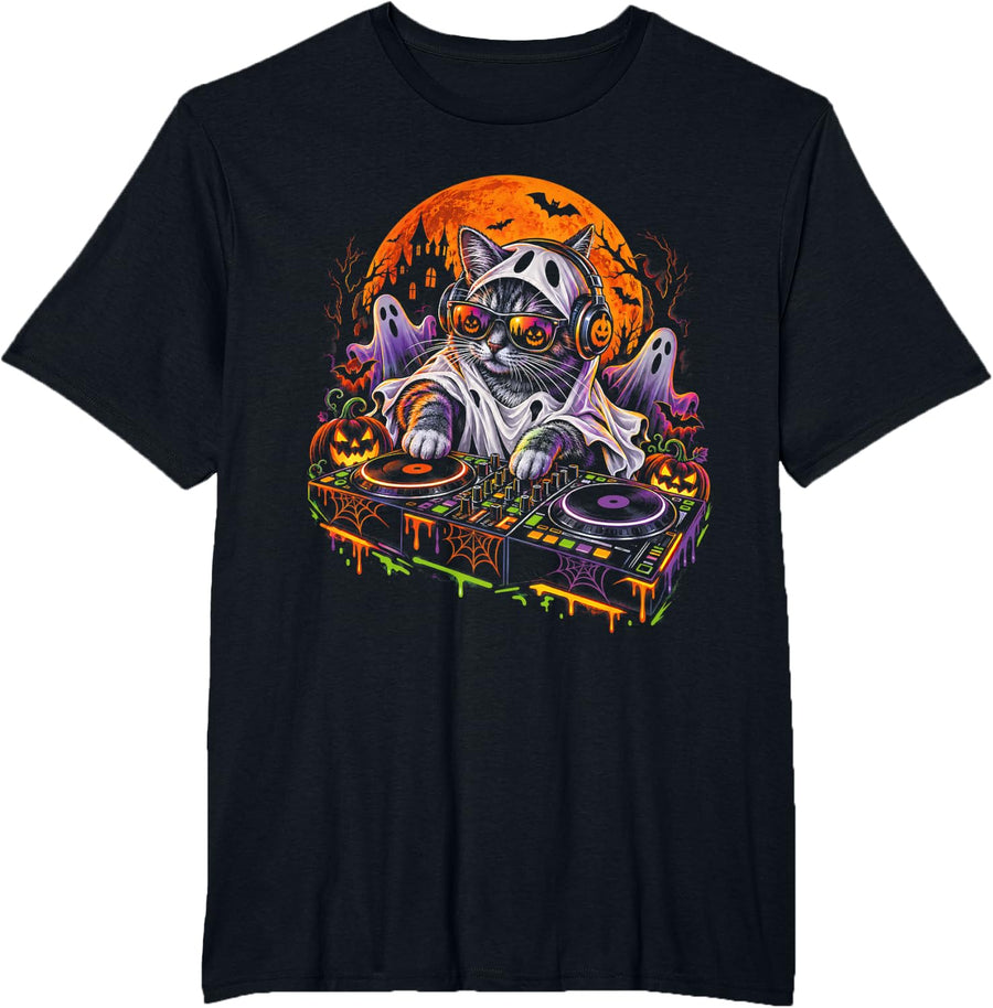 Halloween Ghost DJ Cat Spooky Music Turntable Party T-Shirt - Black