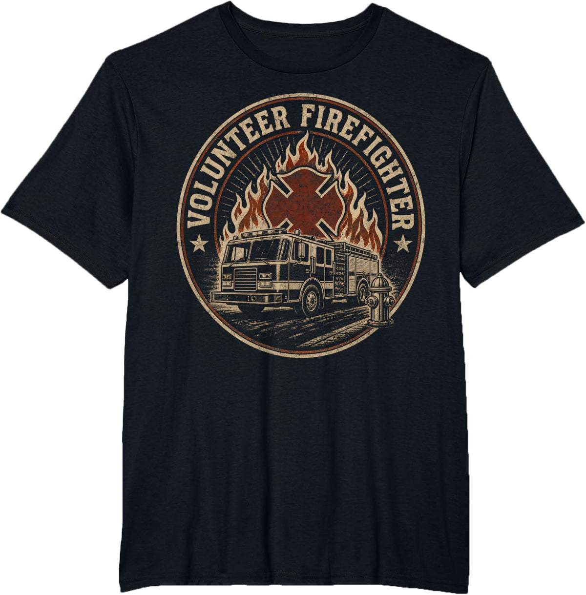 Volunteer Firefighter Maltese Cross Engine T-Shirt - Black