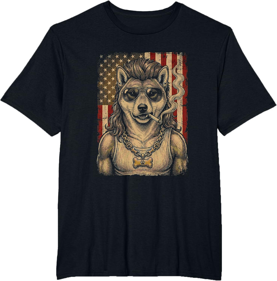 Shiba_Inu Mullet Haircut USA Flag Meme T-Shirt - Black